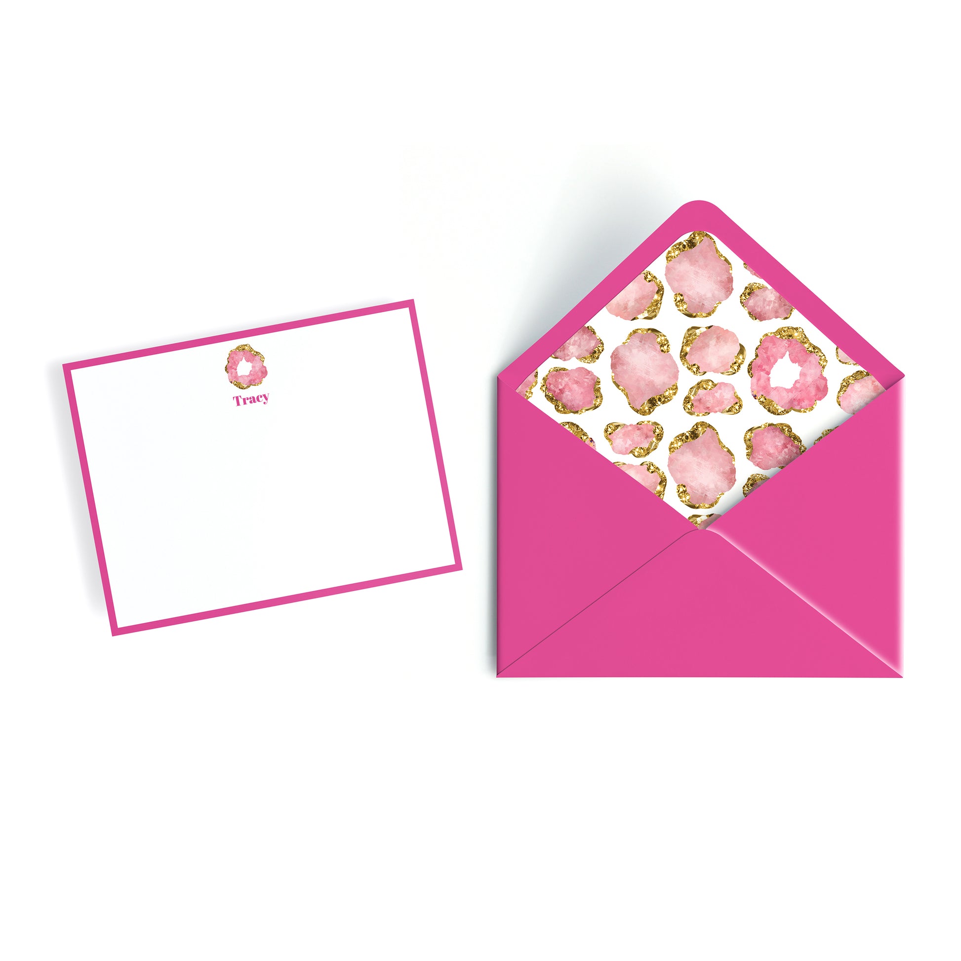Dark Pink envelope with gemstone collage design and matching monogrammed card on a white background