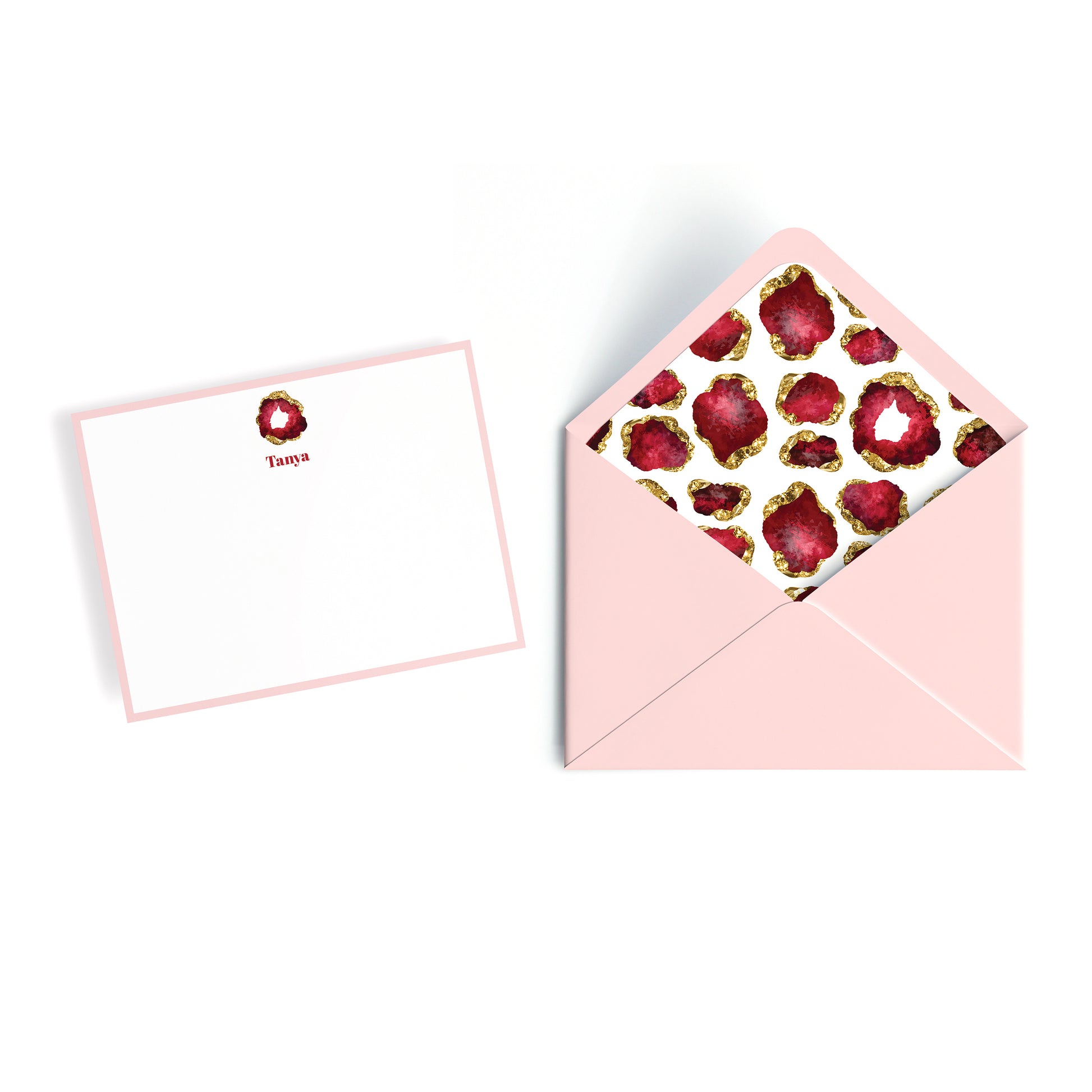 Luxury personalized notecard, white with pink border and custom name, ruby birthstone jewel and pink envelope lined with gemstone collage print design.