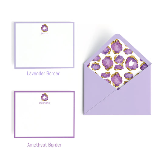 Personalized note cards with lavender border and amethyst border, featuring a matching envelope with amethyst gemstone design.