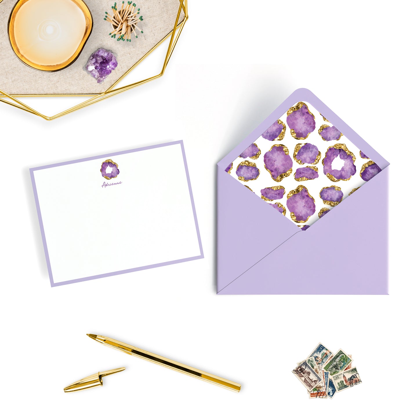 Personalized Gemstone Notecards – Custom Stationery Set, Amethyst Geode