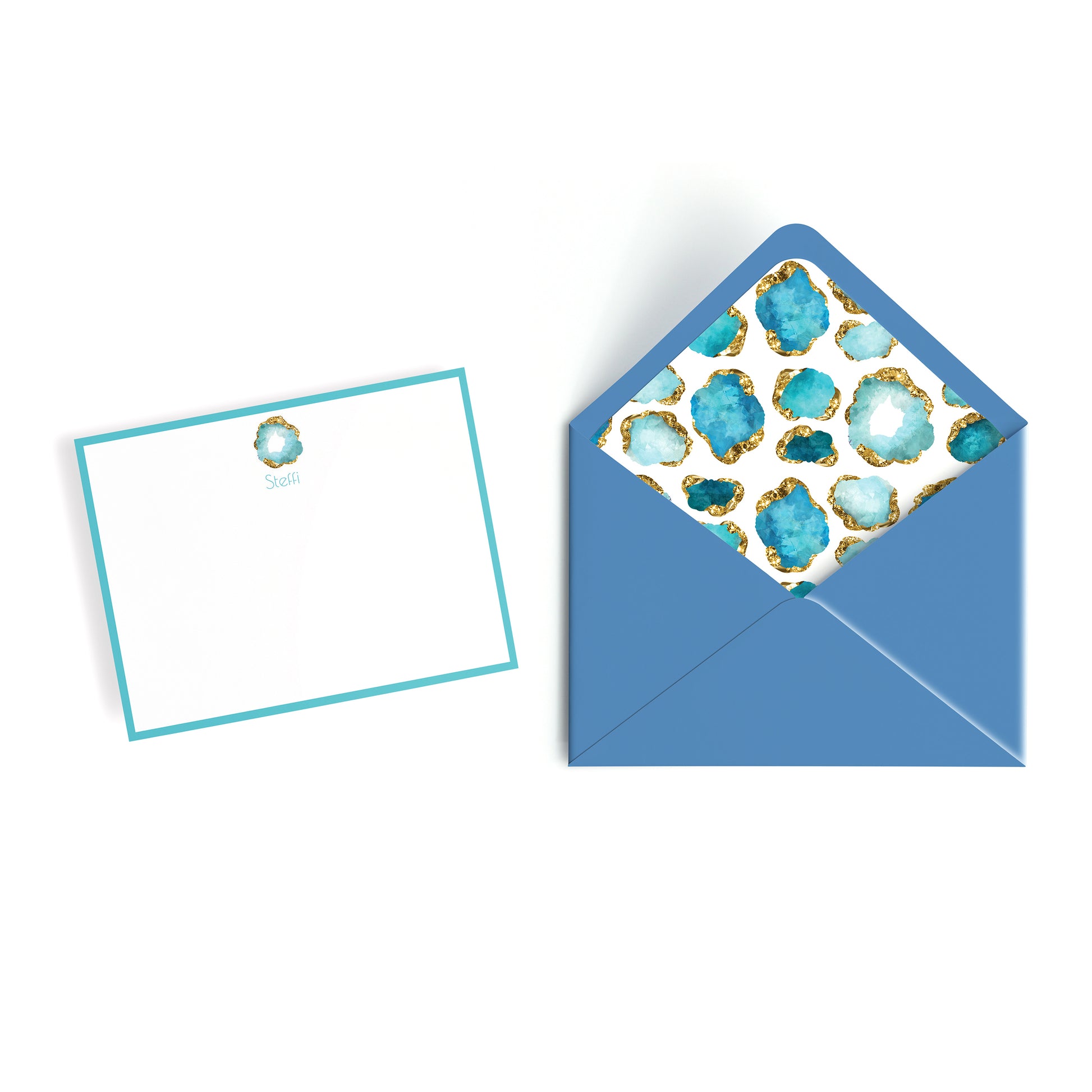 Personalized Aquamarine Geode Gemstone Notecards – Custom Stationery Set