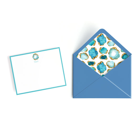 Personalized Aquamarine Geode Gemstone Notecards – Custom Stationery Set