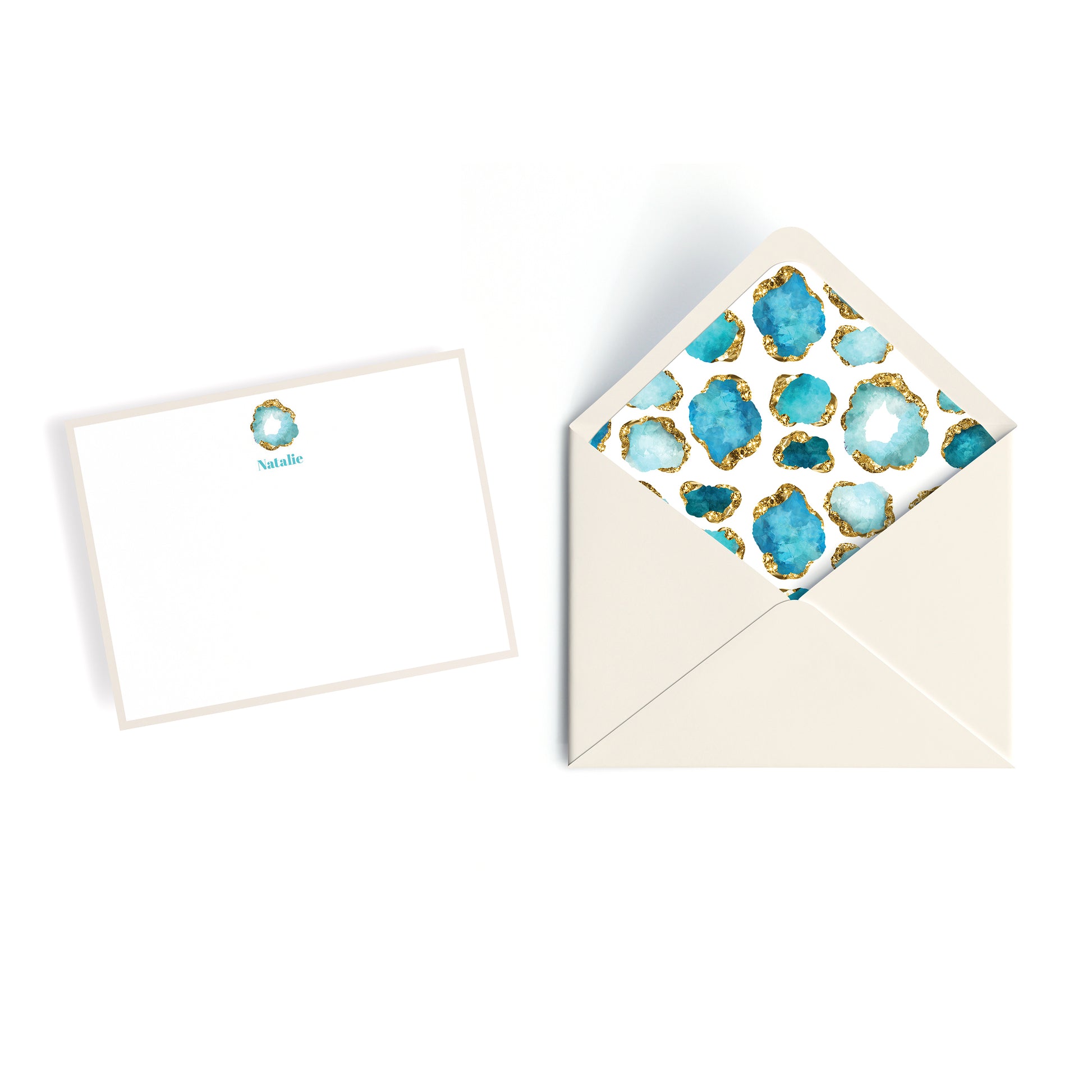 Luxury Personalized Aquamarine Geode Gemstone Notecards – Custom Stationery Set, Champagne