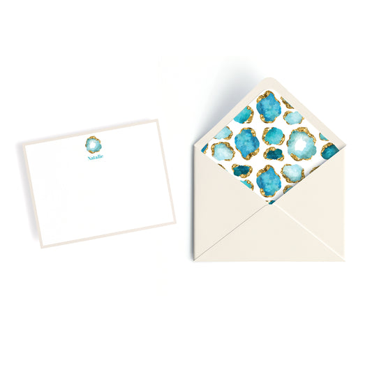 Luxury Personalized Aquamarine Geode Gemstone Notecards – Custom Stationery Set, Champagne