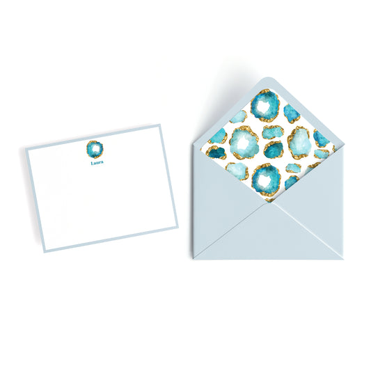 Personalized Gemstone Notecards – Custom Stationery Set, Blue Zircon Geode