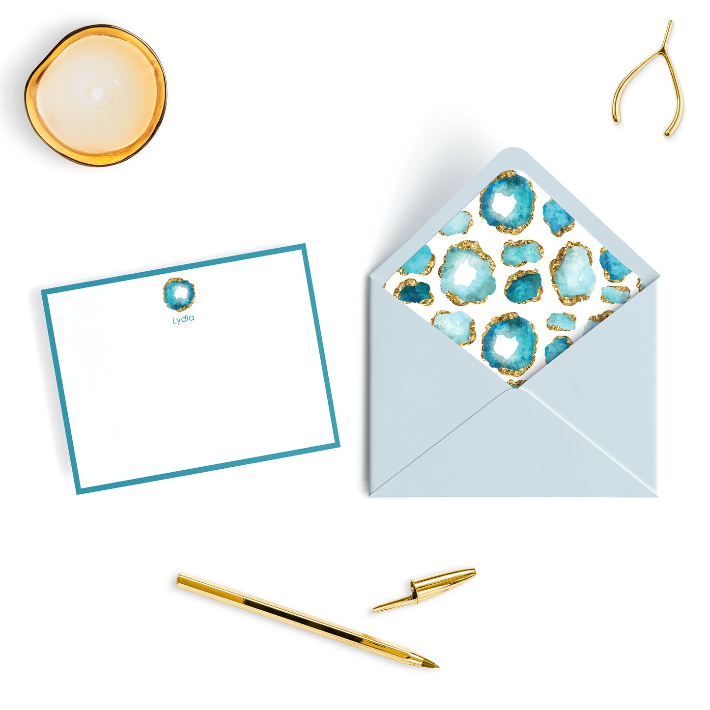 Personalized Gemstone Notecards – Custom Stationery Set, Blue Zircon Geode