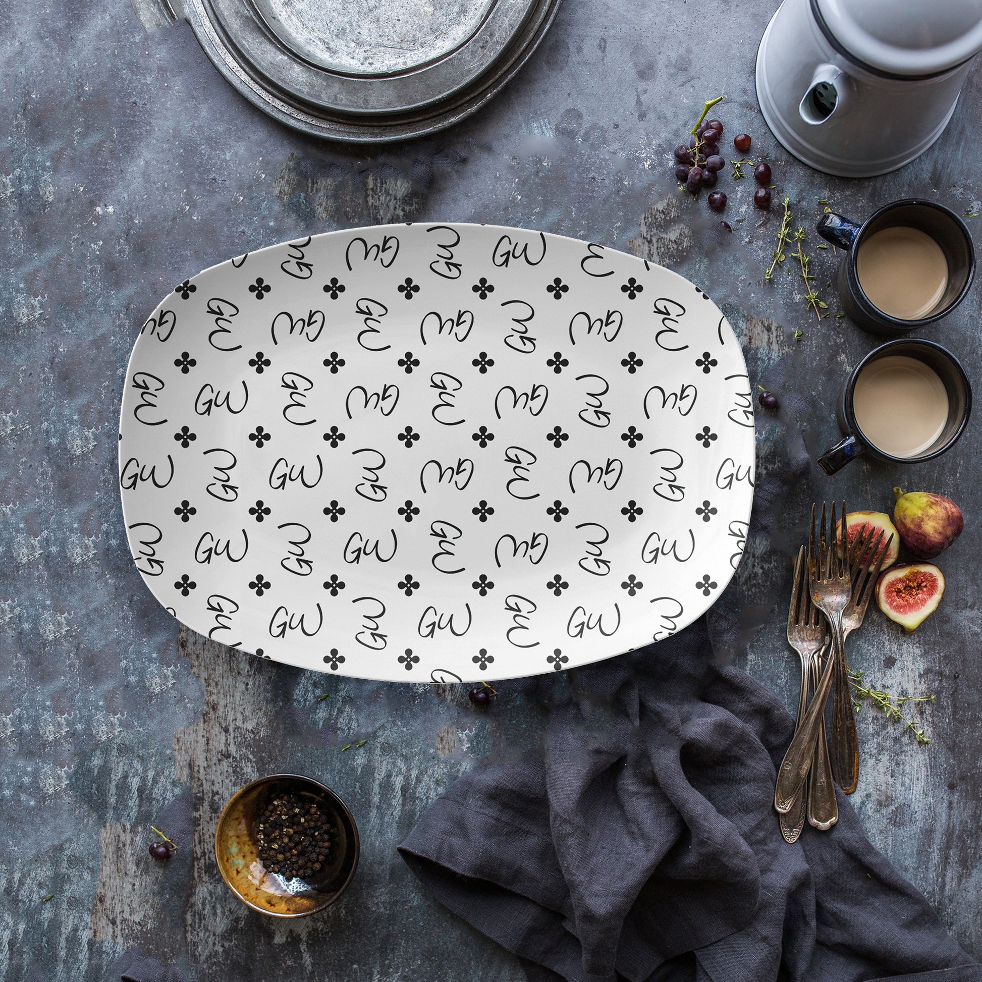 Personalized White & Black Stylized Monogrammed Platter features customized initials set in a repeating pattern accented with a stylish motif for an all-over, unique custom design.