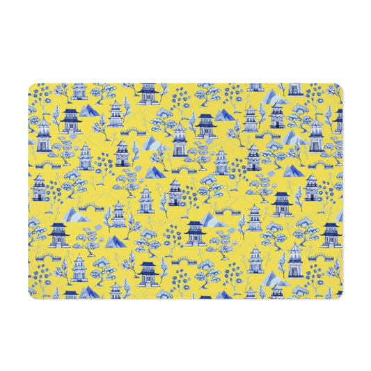 Pet Placemat, Chinoiserie, Toile, Yellow, Blue and White, 12" x 18"