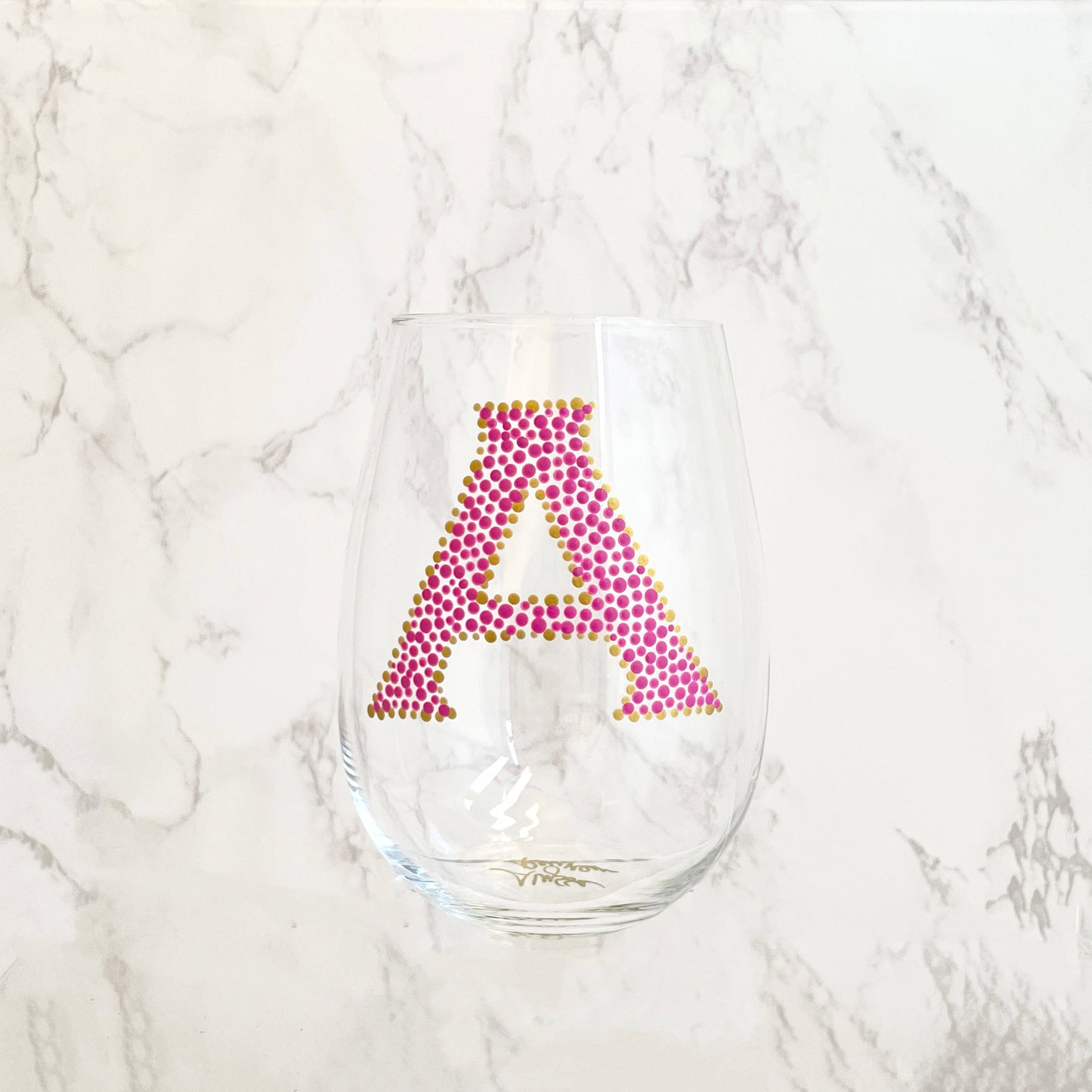 Personalized Wine Glass with Hand Painted Monogram Initial in Pink & Gold, One of a Kind Handmade Gift