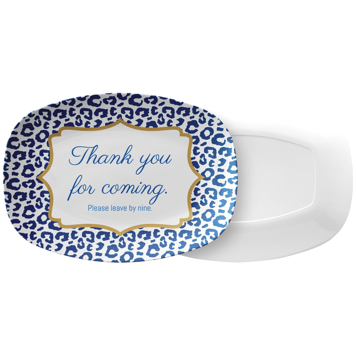 Fun Leopard Print Serving Platter, Blue – “Thank You for Coming. Please Leave by Nine”, Luxury Plastic
