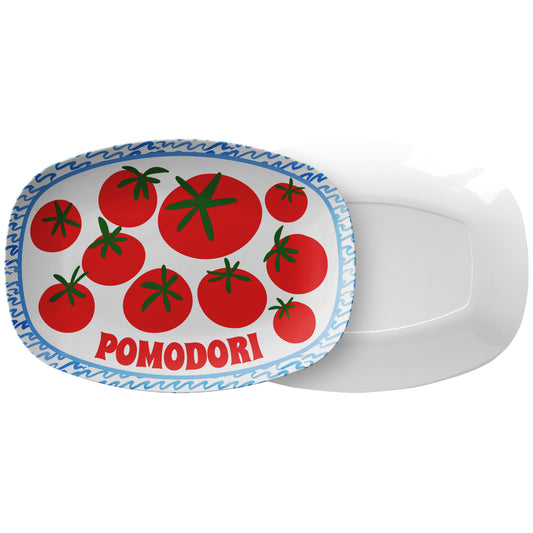 Pomodori Tomato Serving Platter with Blue & White Wavy Striped Border, Luxury Plastic