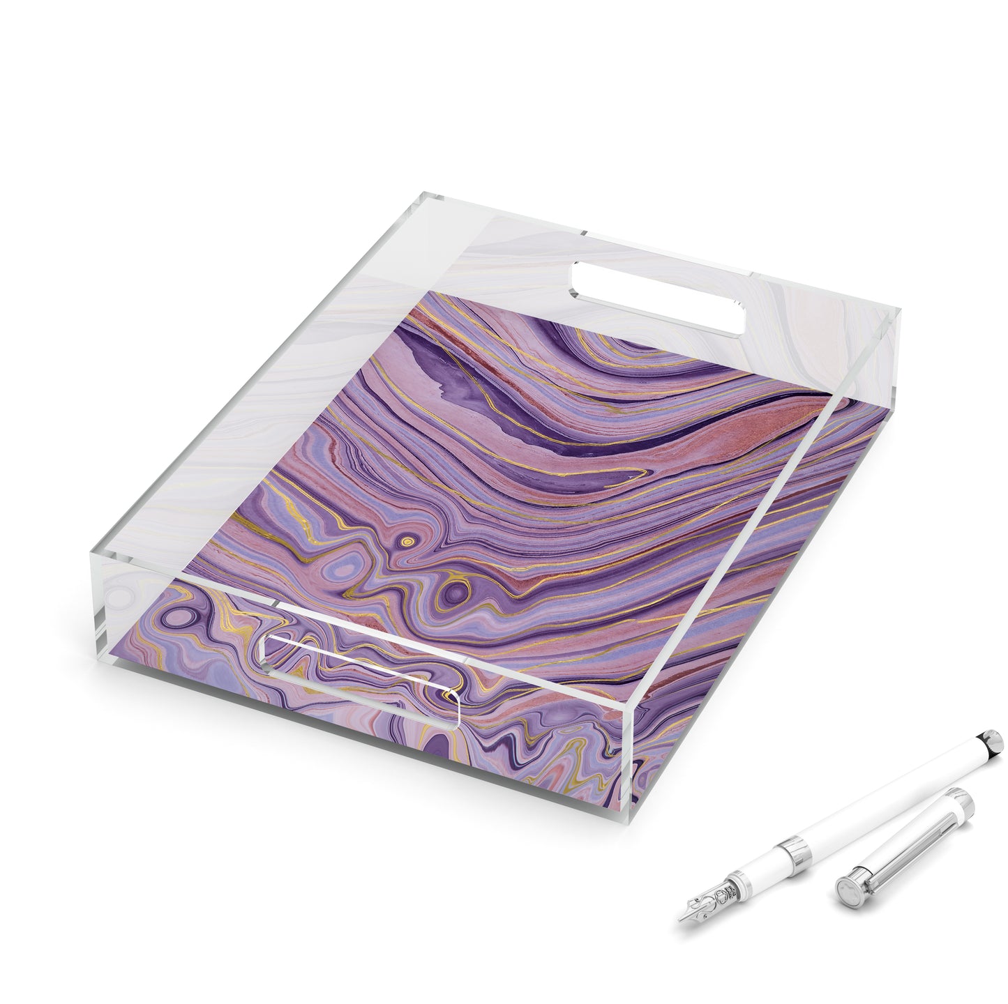 Gorgeous perfume vanity tray or office desk tray has gorgeous swirls of purple, pink and gold agate marble print on this acrylic tray.