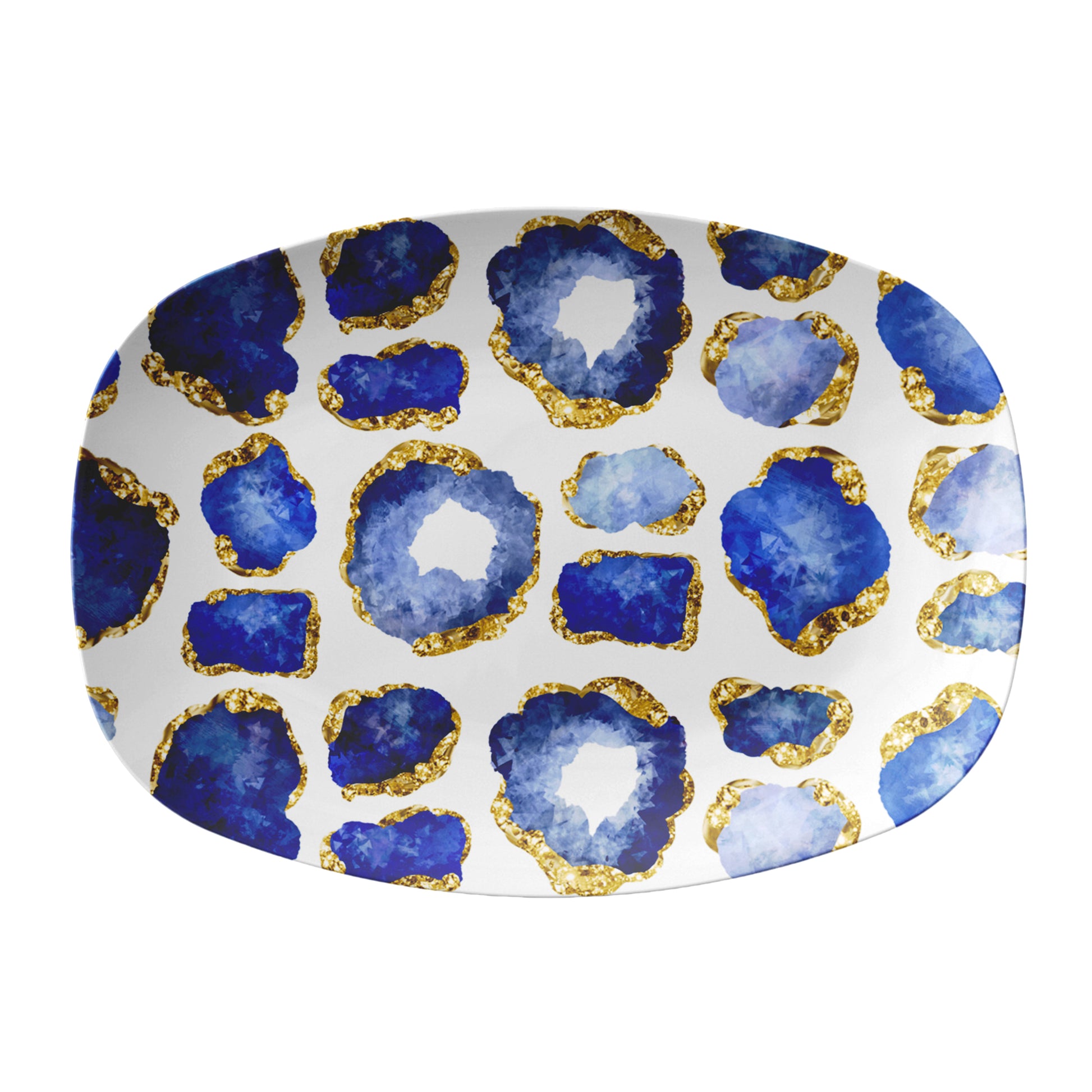 Gemstone print oval serving platter features sapphire blue jewels with gold accents on white