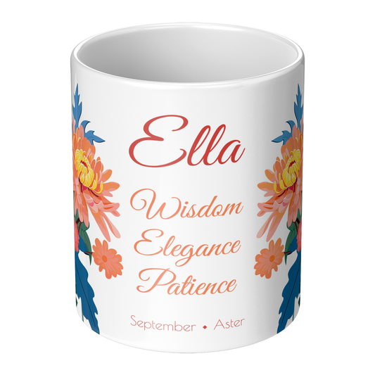 White mug with floral design and text on a white background