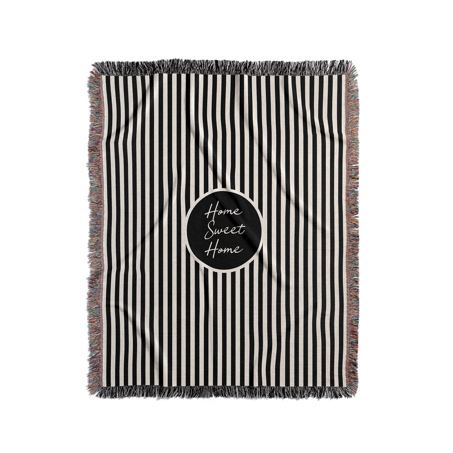 Personalized gift idea striped woven blanket with a black and cream stripes.