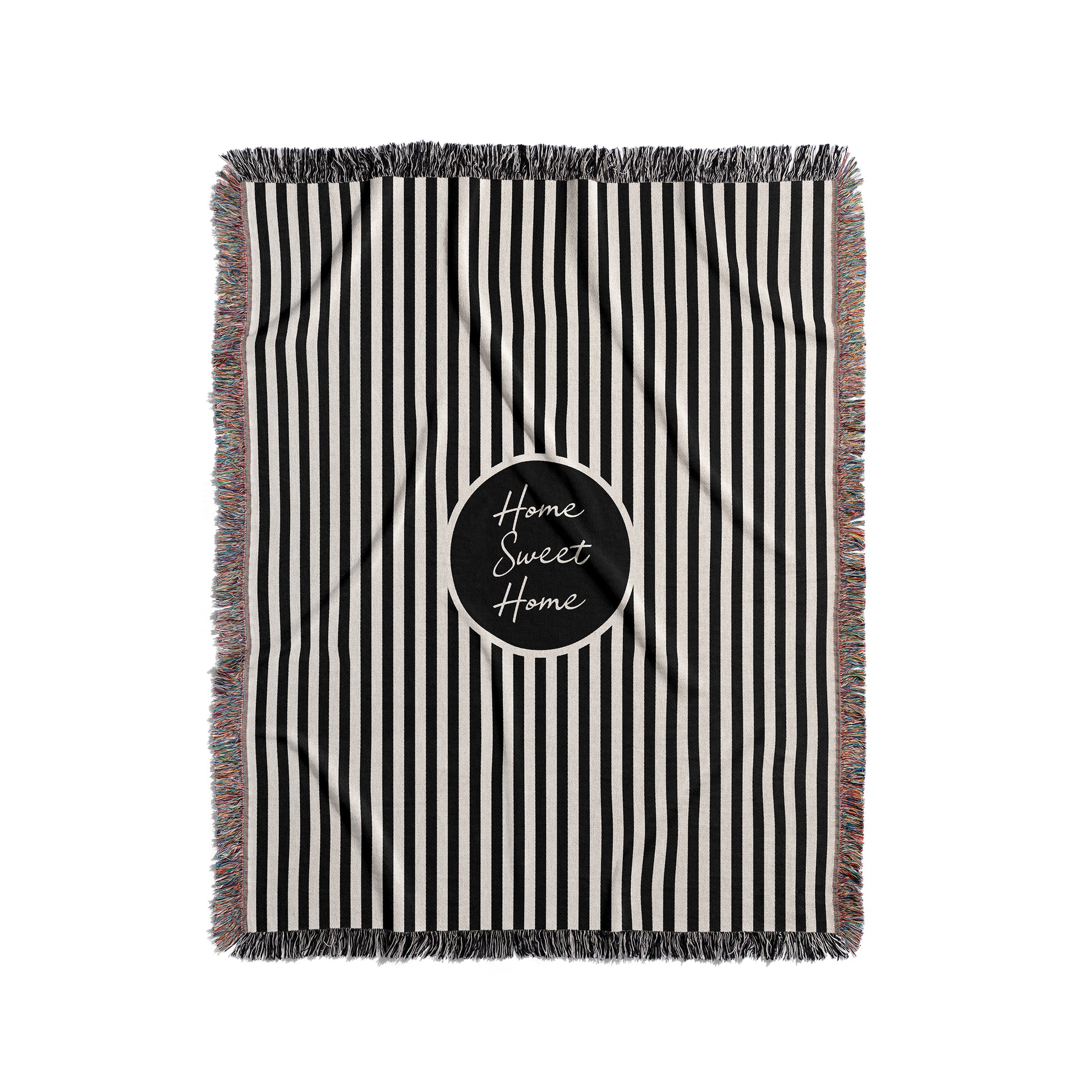 Personalized gift idea striped woven blanket with a black and cream stripes.
