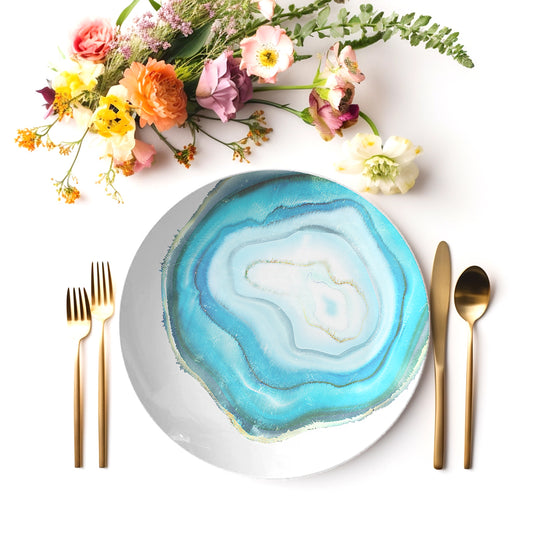 Agate Print Plastic Plate 10", Aqua Teal Blue & White, Choose Single or Set