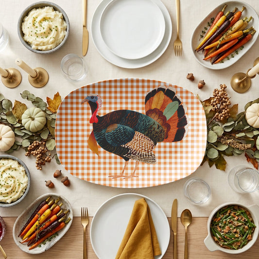 Thanksgiving Turkey Holiday Serving Platter with Orange Gingham, Luxe Plastic