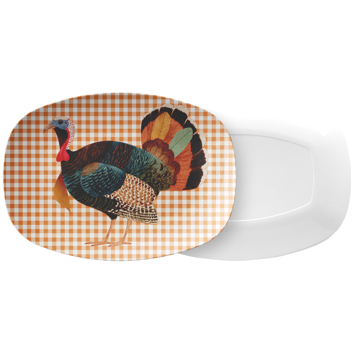 Thanksgiving Turkey Holiday Serving Platter with Orange Gingham, Luxe Plastic