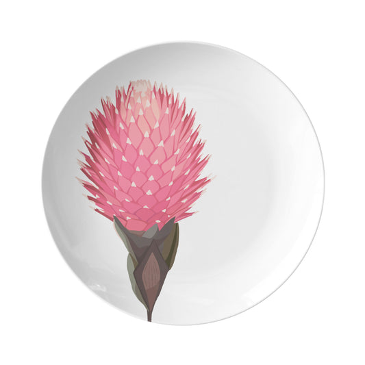 Modern Bontanical Plastic Plate Set with a single pink protea flower