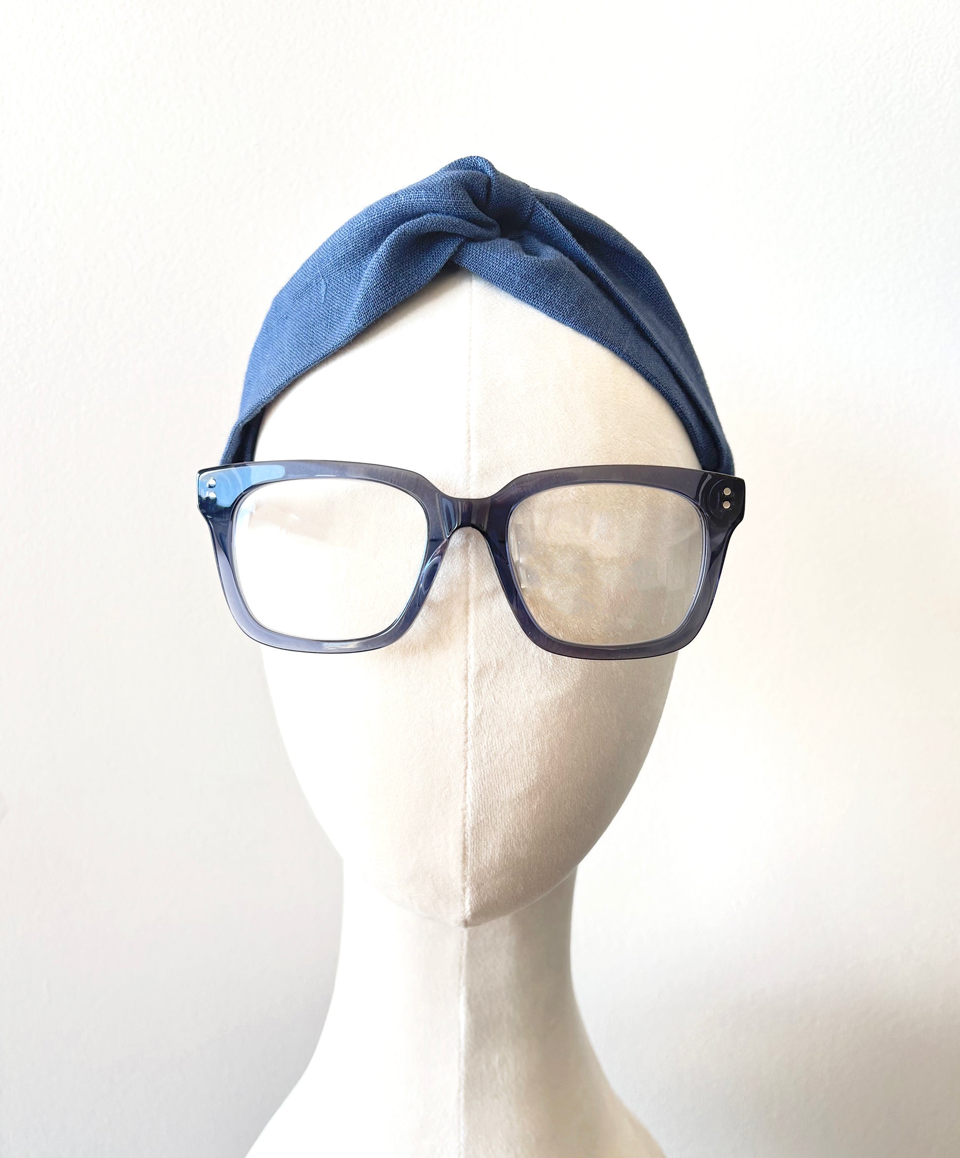 Blue Linen Headband, Wide Top Knot Turban Headband for Women