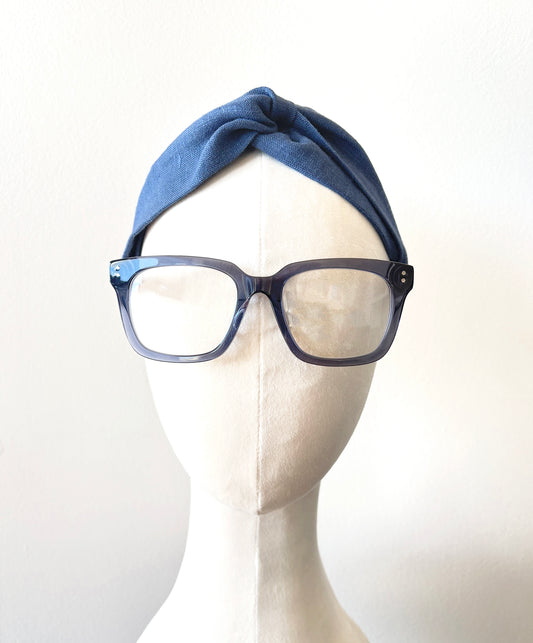 Blue Linen Headband, Wide Top Knot Turban Headband for Women