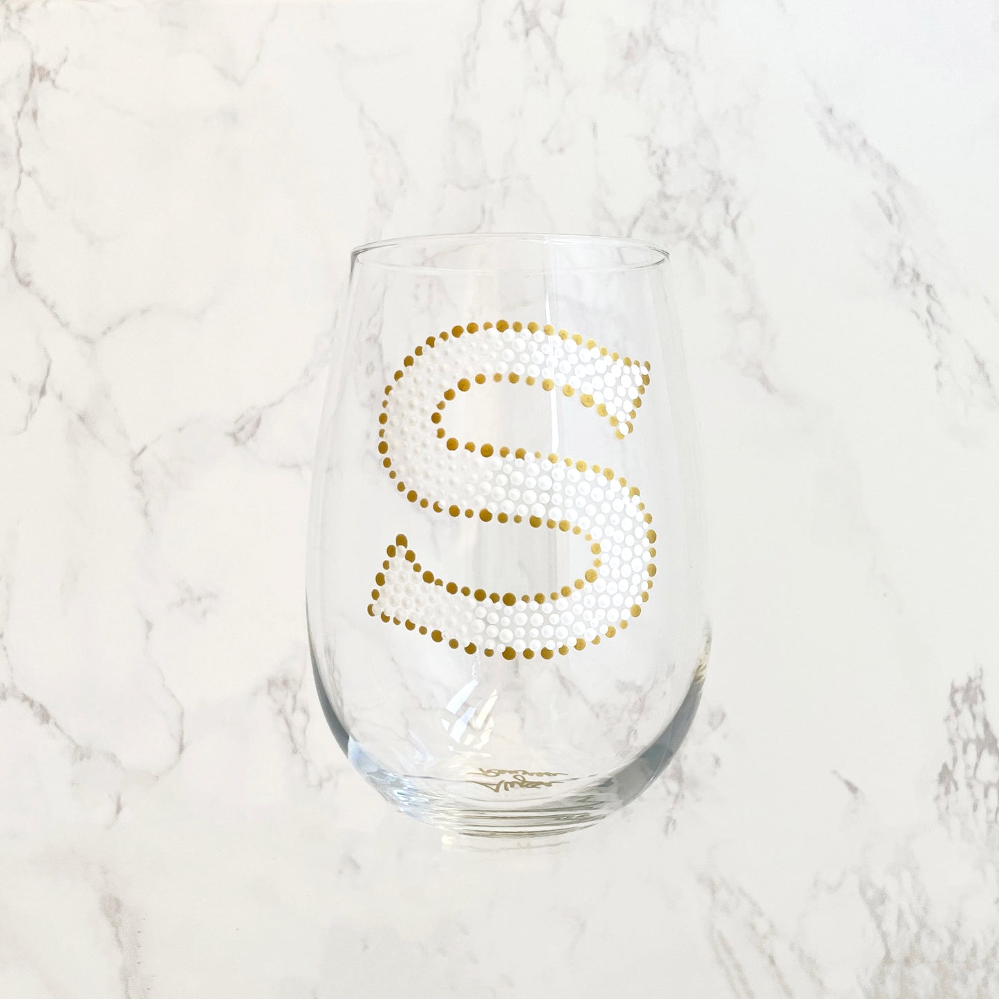 Personalized Wine Glass with Hand Painted Monogram Initial in White & Gold, One of a Kind Handmade Gift