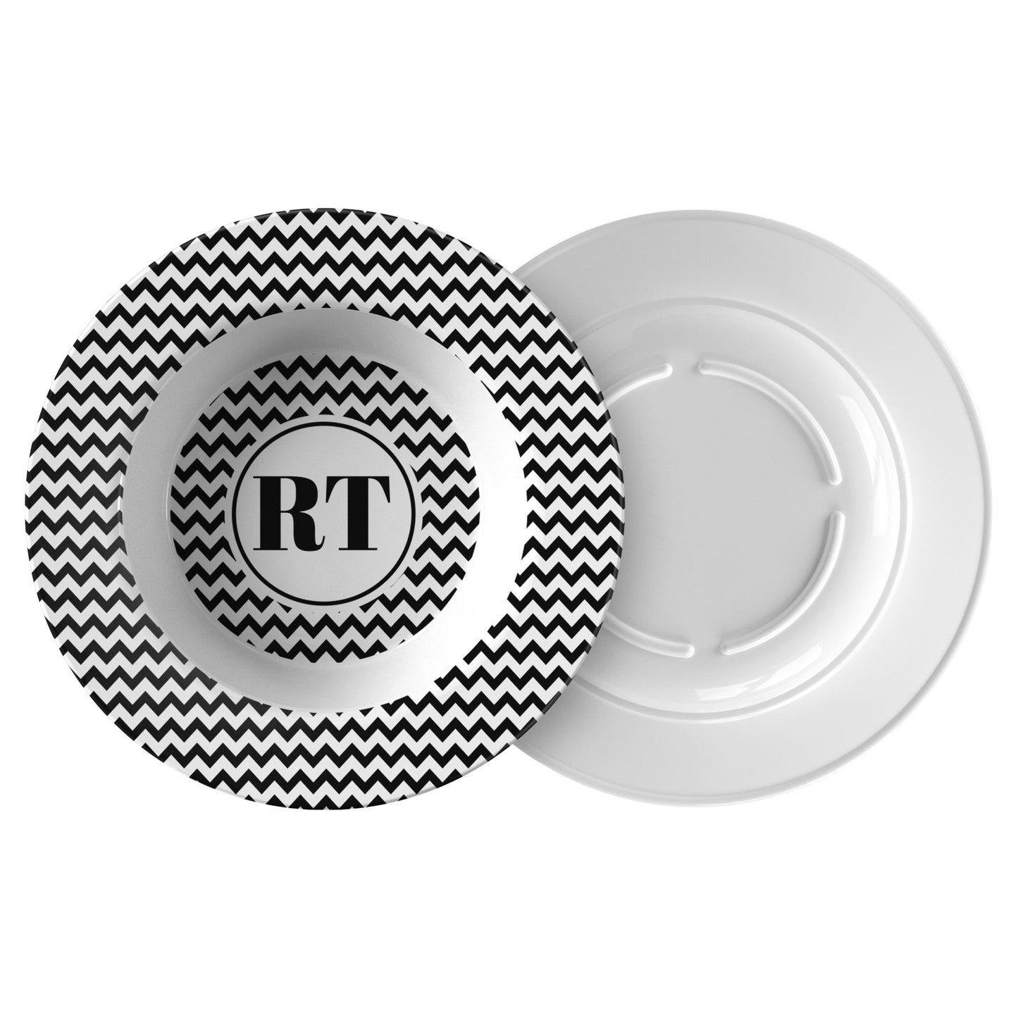 Monogram Bowls, Black & White Chevron Stripe, Luxury Plastic, Choose Single or Set
