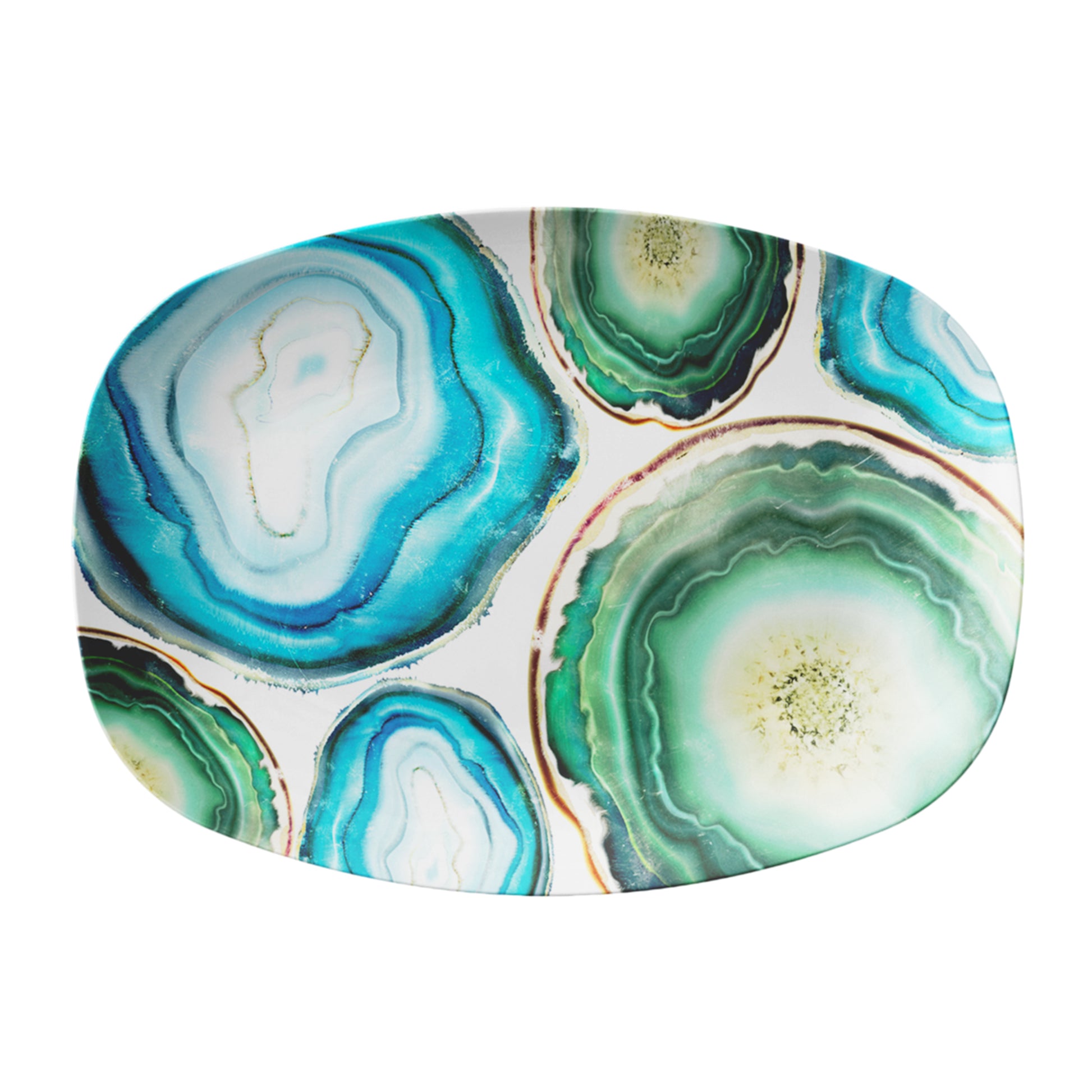 Decorative serving platter with blue and green agate pattern on a white background