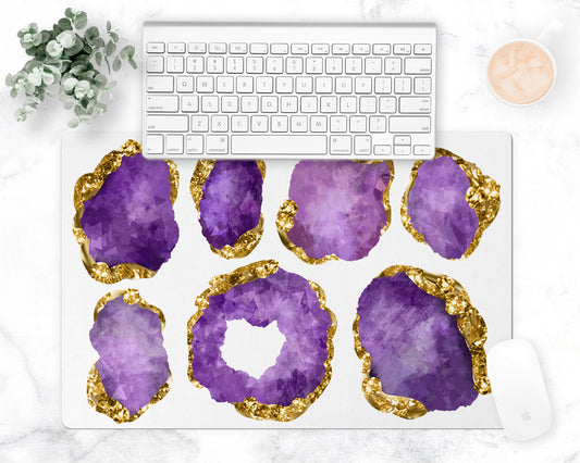 Purple and gold large gemstones are printed on a polyester fabric mat that reverses to nonskid rubber back. Lovely for your desk, kitchen counter, bar cart and more.