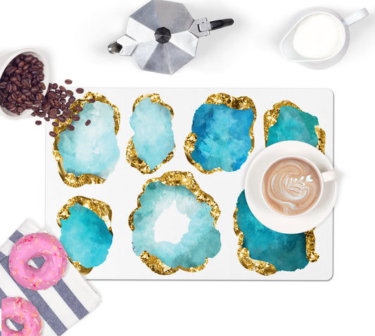 Aquamarine and gold jeweled counter mat, bar mat or desk pad is gorgeous and unique.