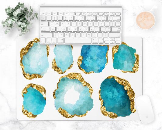 Large Gemstones Counter Mat, Desk Pad, Aquamarine and Gold