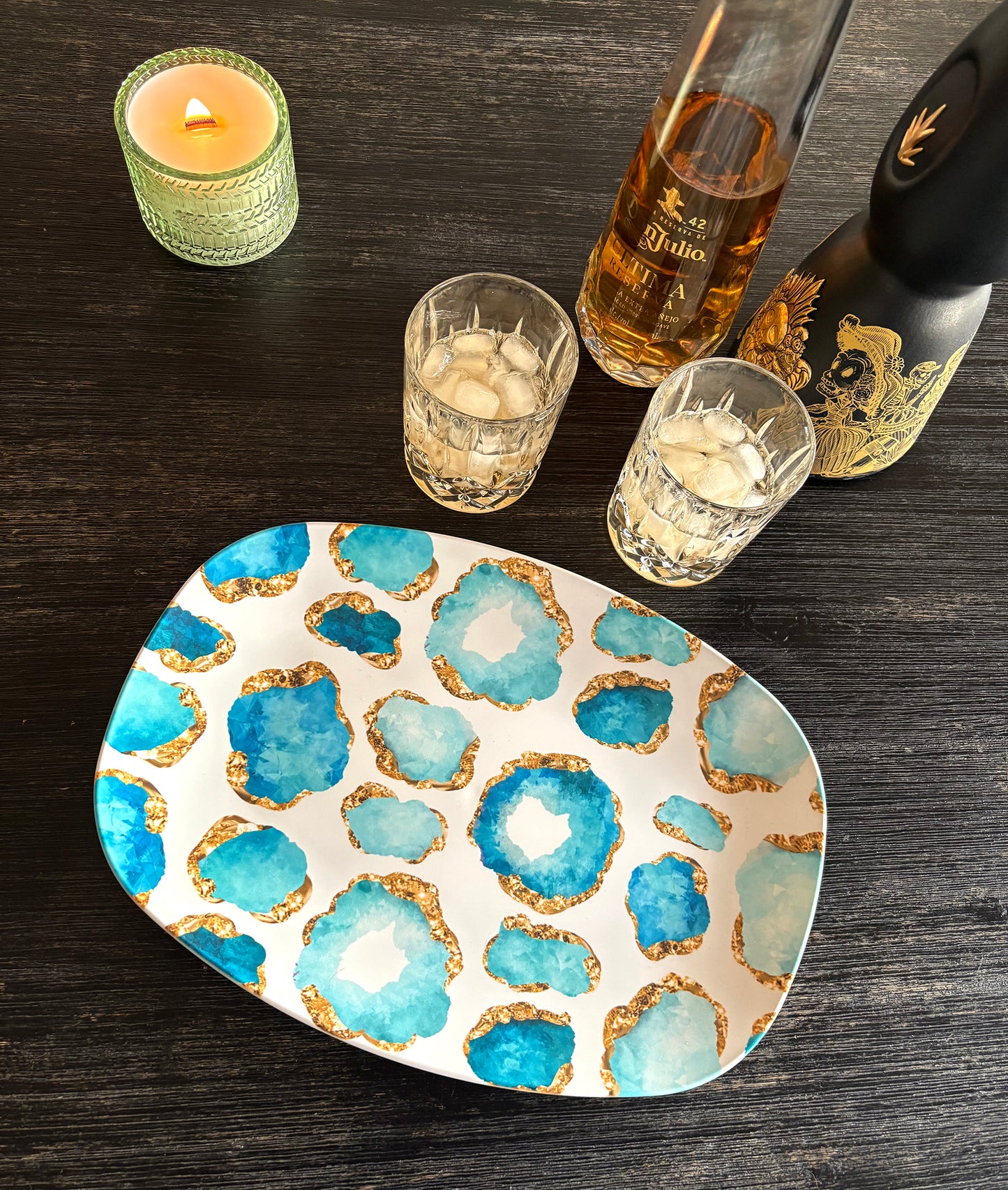 Gemstones Print Serving Platter, Aquamarine and Gold, Luxury Plastic