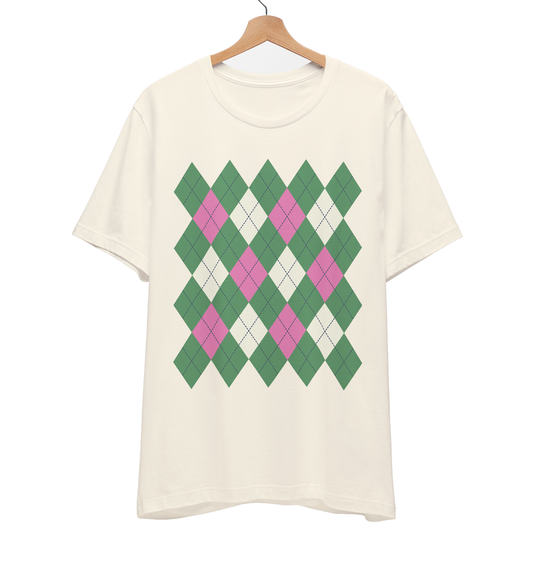 Argyle Pattern T-Shirt, Pink/Green/Cream