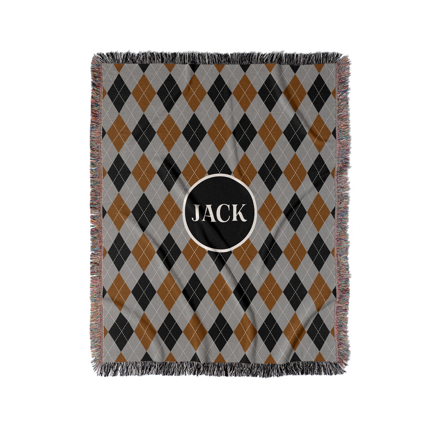 Argyle woven throw blanket in grey, black and rust. Personalized text with any name or word.