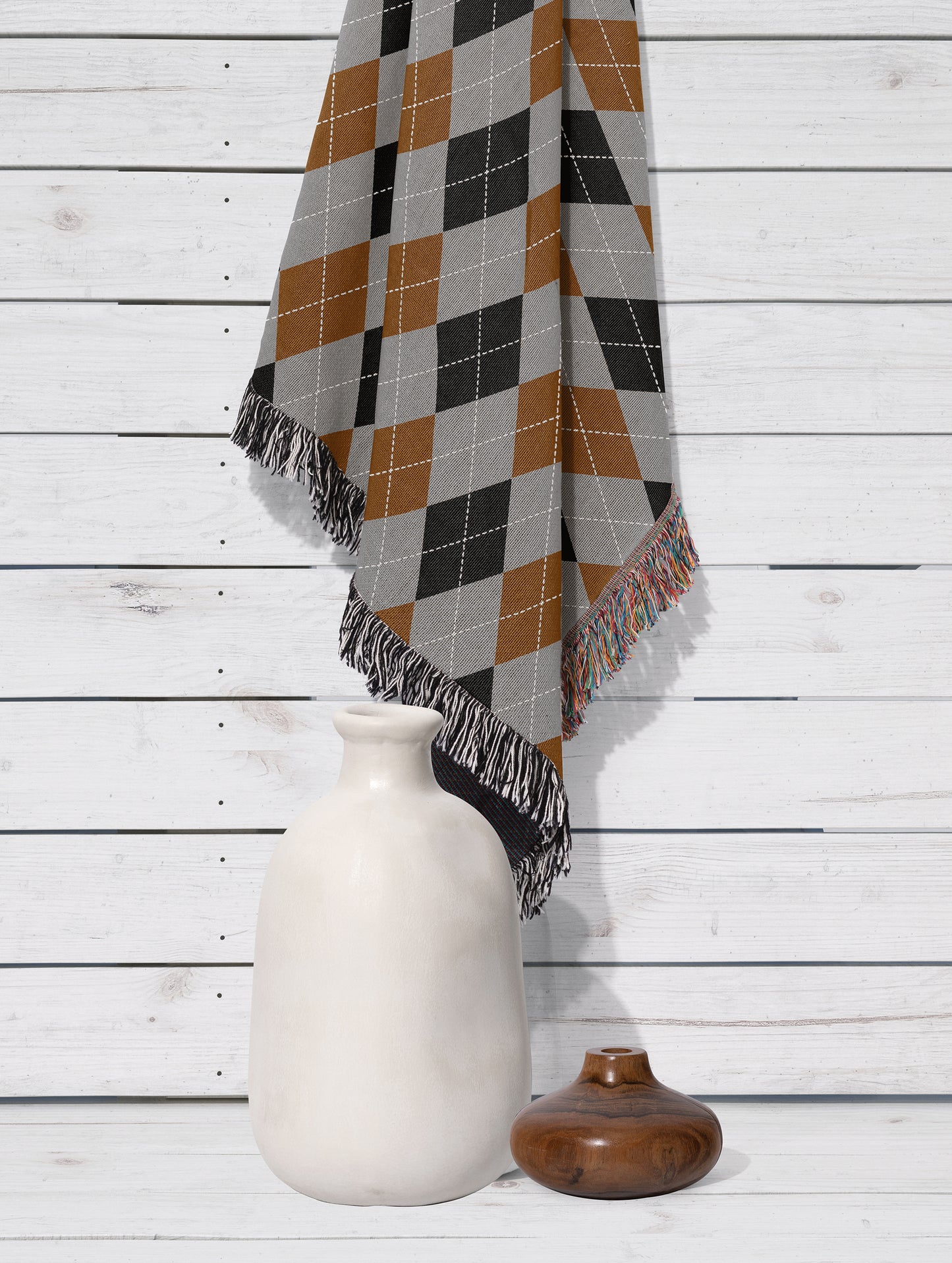 Personalized Argyle Woven Throw Blanket, Grey, Rust, Black, 100% Cotton