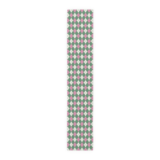 Argyle Diamond Pattern Table Runner, Green, Pink and Cream