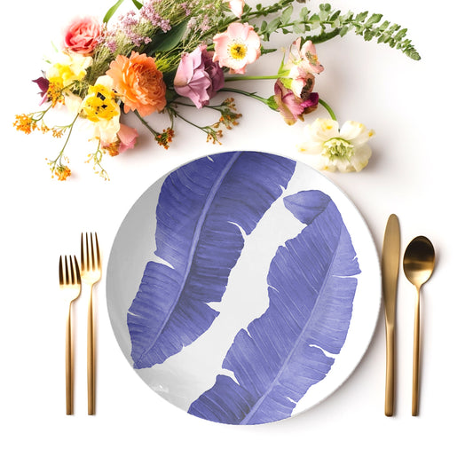 Banana Leaves Plastic Dinnerware Plates, Navy Blue & White, Choose Single or Set