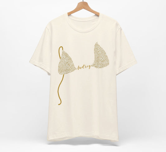 Bikini Top T-Shirt, Gold Cheetah Print, Custom Personalization