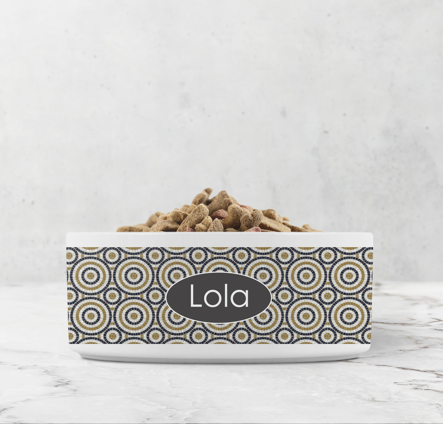 Circular pattern bistro tile ceramic dog bowl.