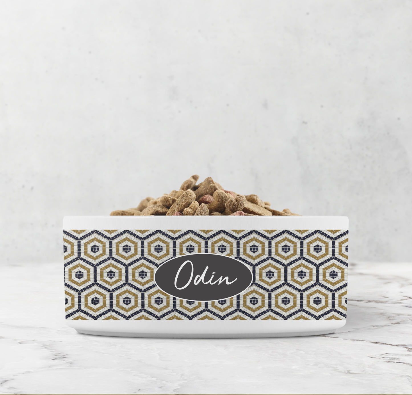 Mosaic bistro tile hexagon patterned dog bowl personalized with any text.