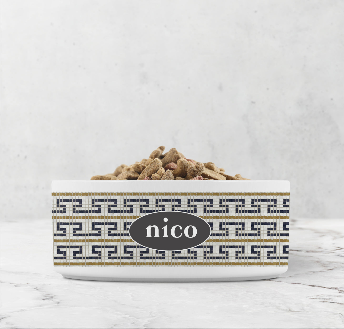 Mosaic bistro tile print with stepped fret pattern is printed on a ceramic dog bowl.