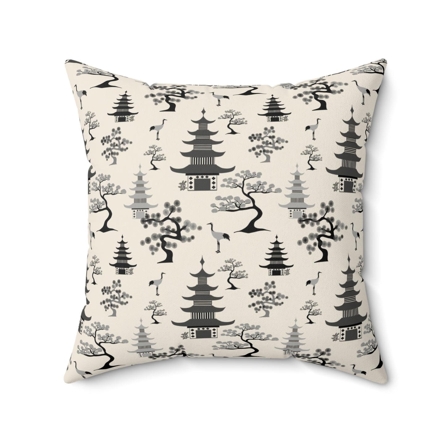 Chinoiserie landscape square throw pillow in black and cream features pagodas, bonsai trees and crane birds on white background.