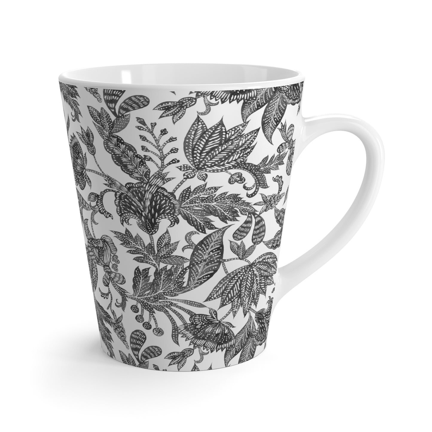 Black & White Floral Batik Ceramic Mug - 12oz Latte Mug