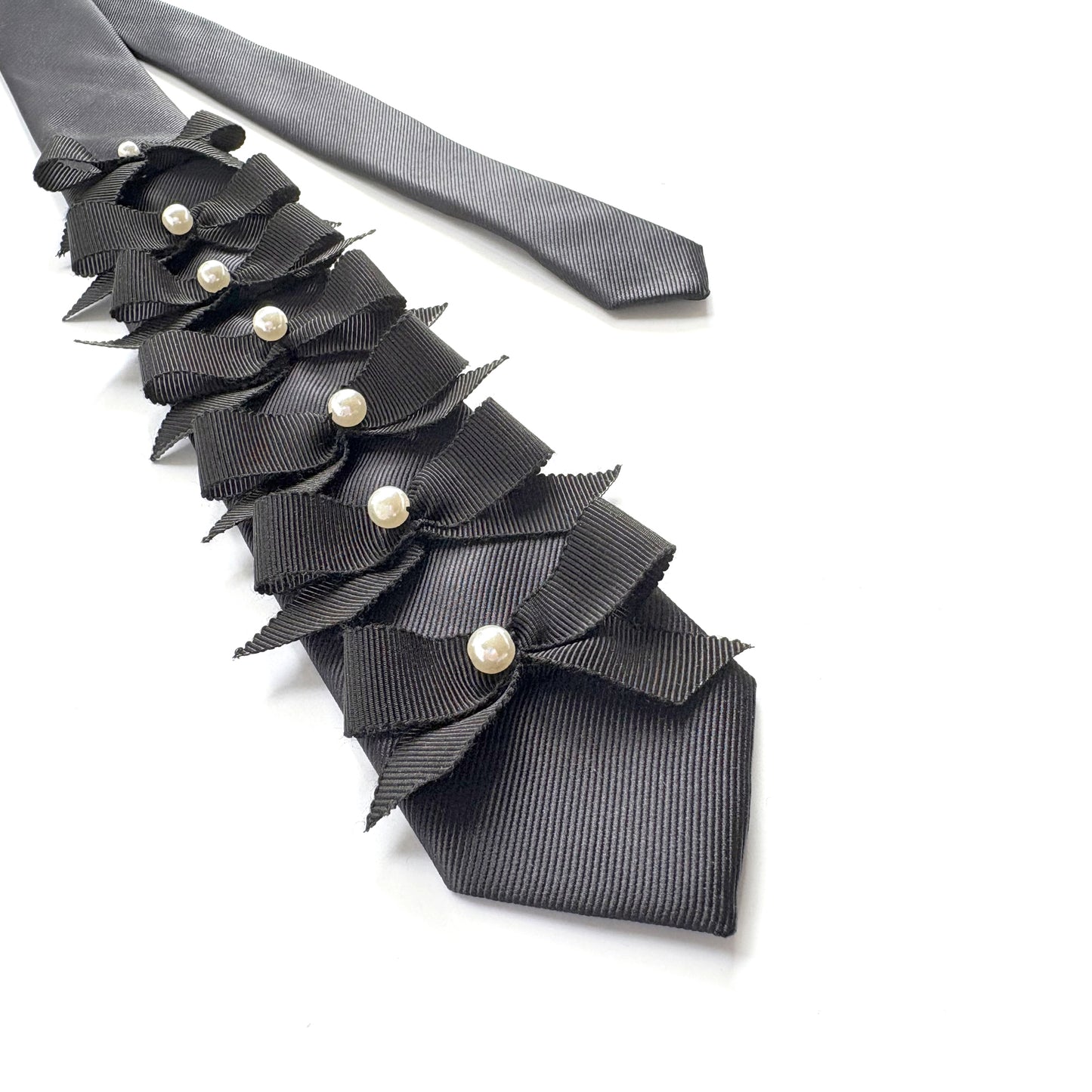 Unisex Black Skinny Necktie – Hand-Embellished with Grosgrain Ribbon Bows & Pearl Beads