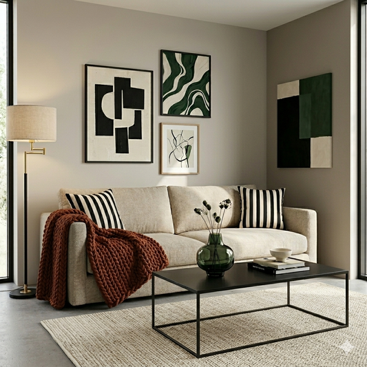modern living room with sofa, black and white stripe pillows and art.