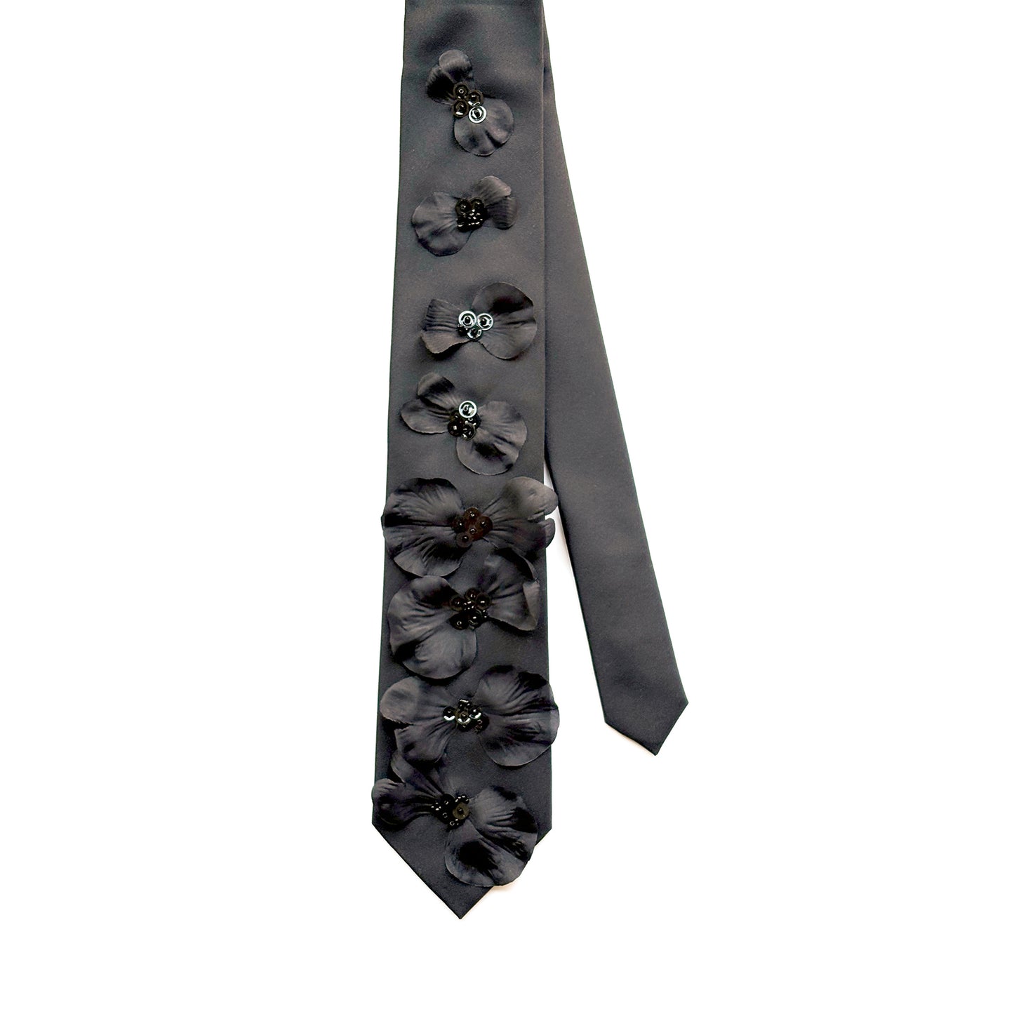 Embellished Black Necktie with black fabric flower petals, sequins and beads