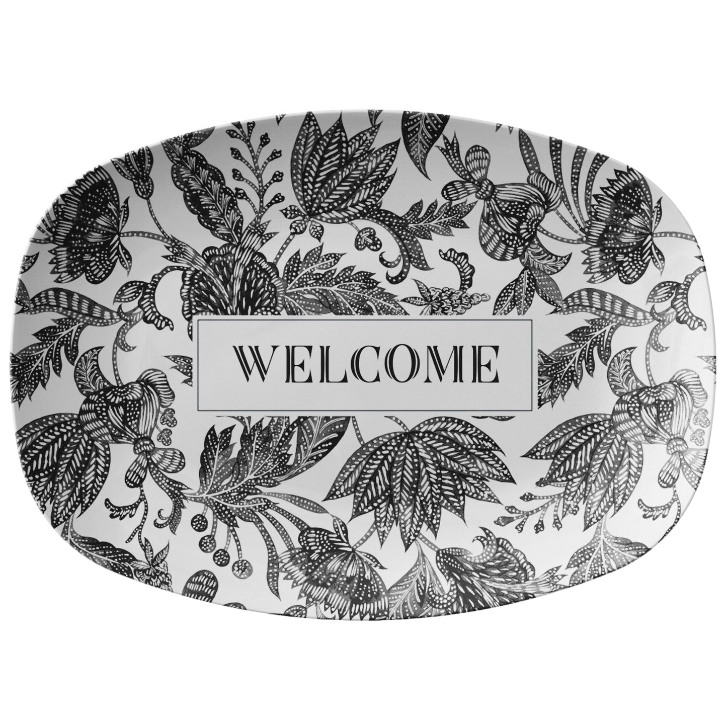 Customized gift personalized serving platter black and white floral batik print