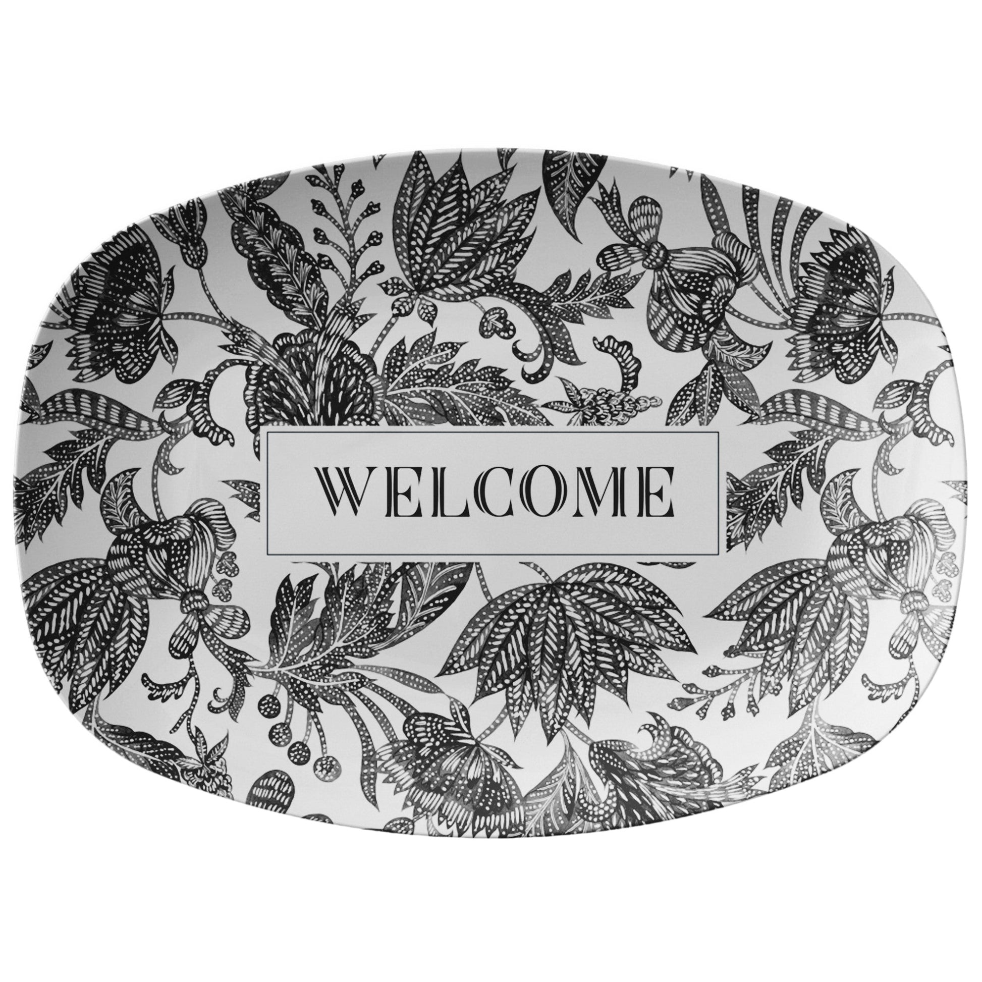 Customized gift personalized serving platter black and white floral batik print