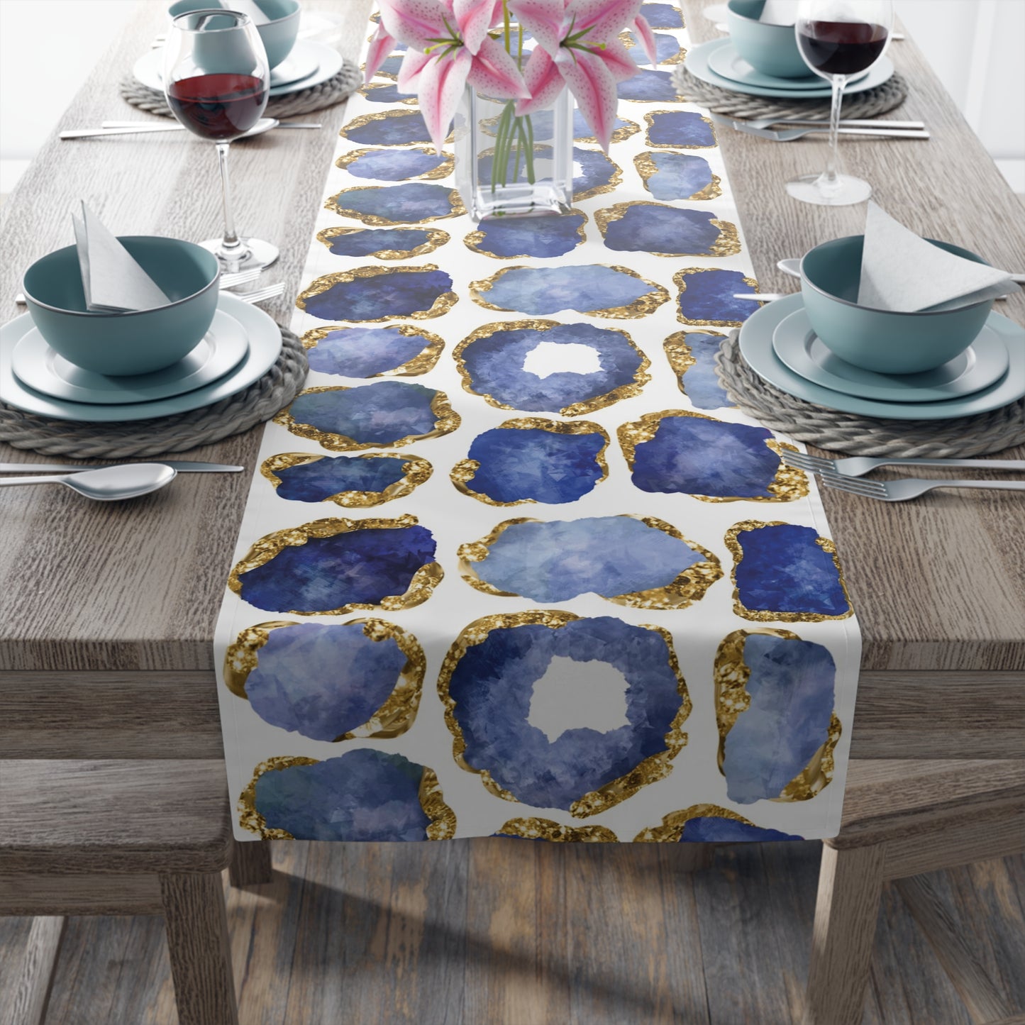 Gemstone Print Table Runner, Sapphire and Gold